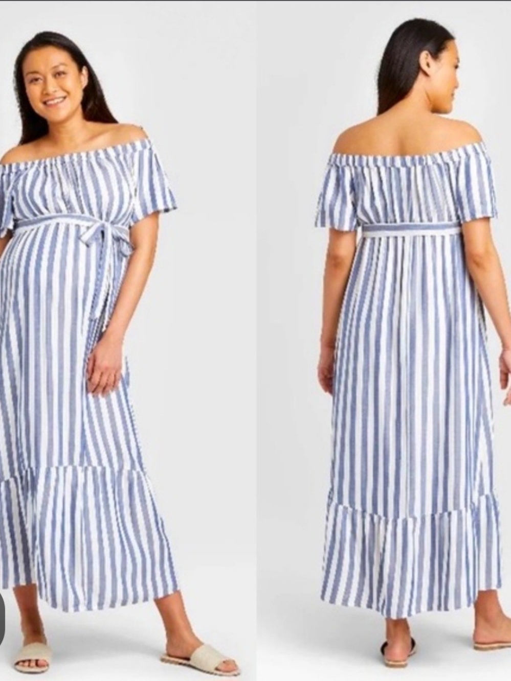 Isabel Maternity Off-Shoulder Blue and White Striped Maxi Dress - Size XXL